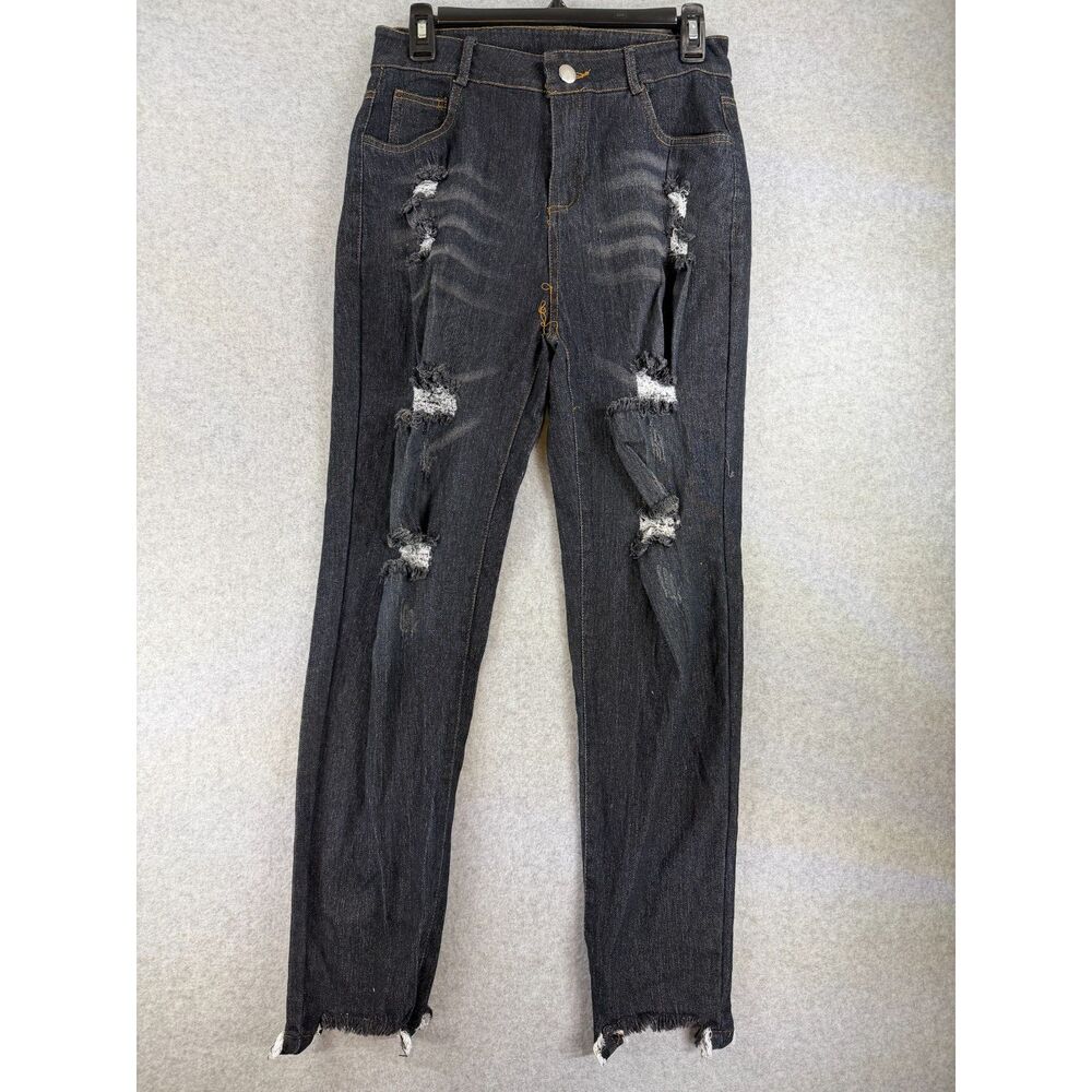 Women’s L Black Dark Navy Distressed Ripped Skinny Jeans 28 Waist Y2K 3563
